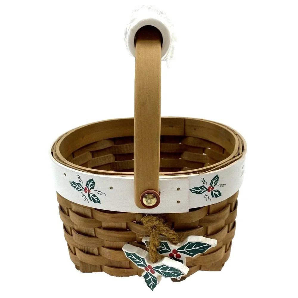 Wooden Woven Holiday Christmas Oval Baskets Porcelain Handle & Holly Leaves NEW